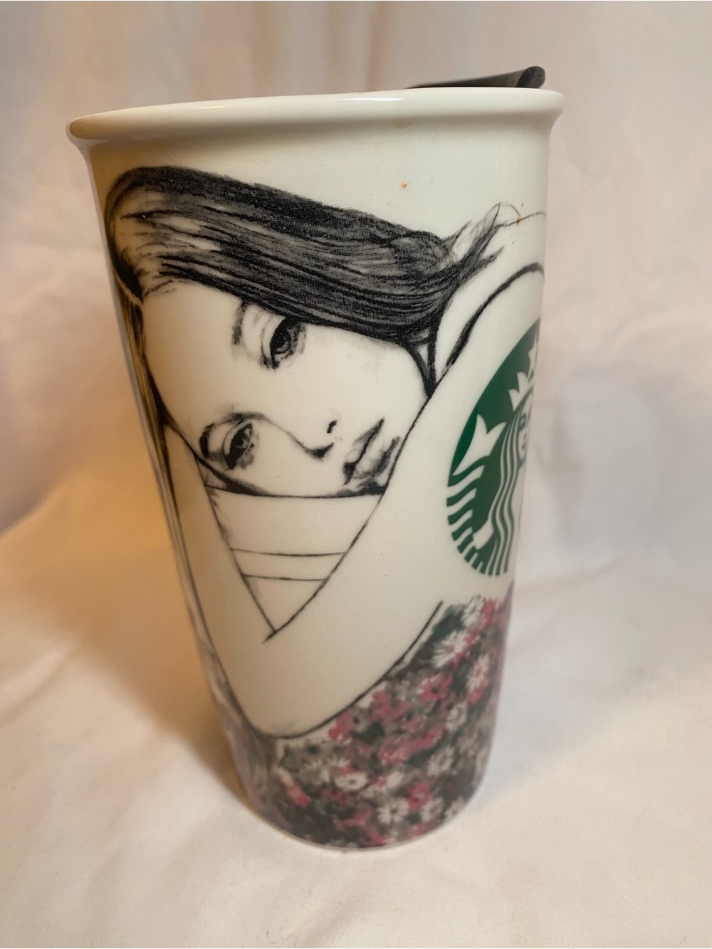 Starbucks White Ceramic Mug with Green Logo and Black Sketch